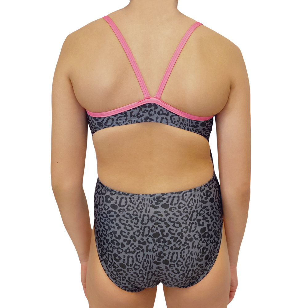 Extra Life Thin Strap Swimsuit in Leopard Print on Grey with Neon Pink Straps