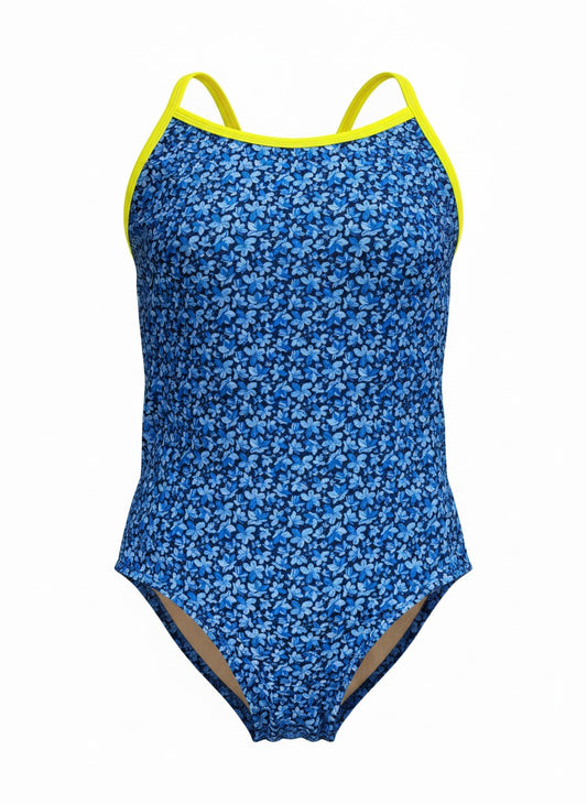 Extra Life Thin Strap Swimsuit in Midnight Bloom with Neon Yellow Straps