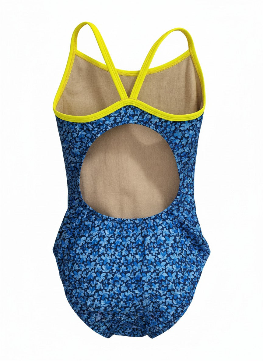 Extra Life Thin Strap Swimsuit in Midnight Bloom with Neon Yellow Straps