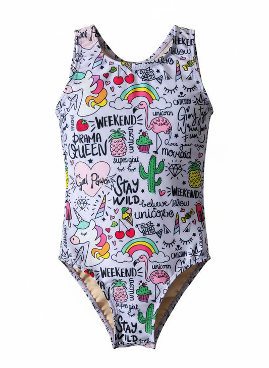 Kikx Extra Life Fastback Swimsuit in Unicorn and Summer Theme on Light Lilac