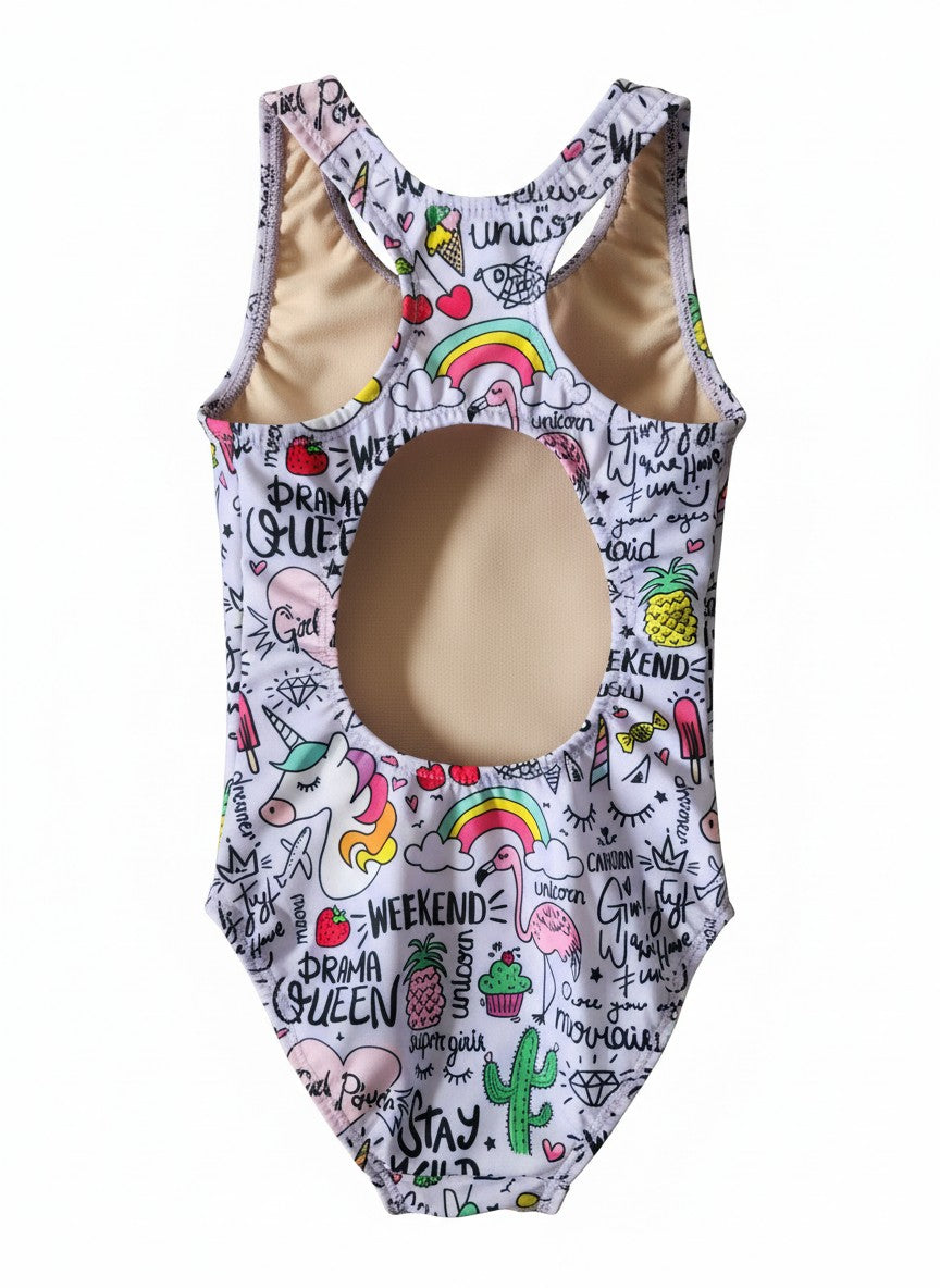 Kikx Extra Life Fastback Swimsuit in Unicorn and Summer Theme on Light Lilac