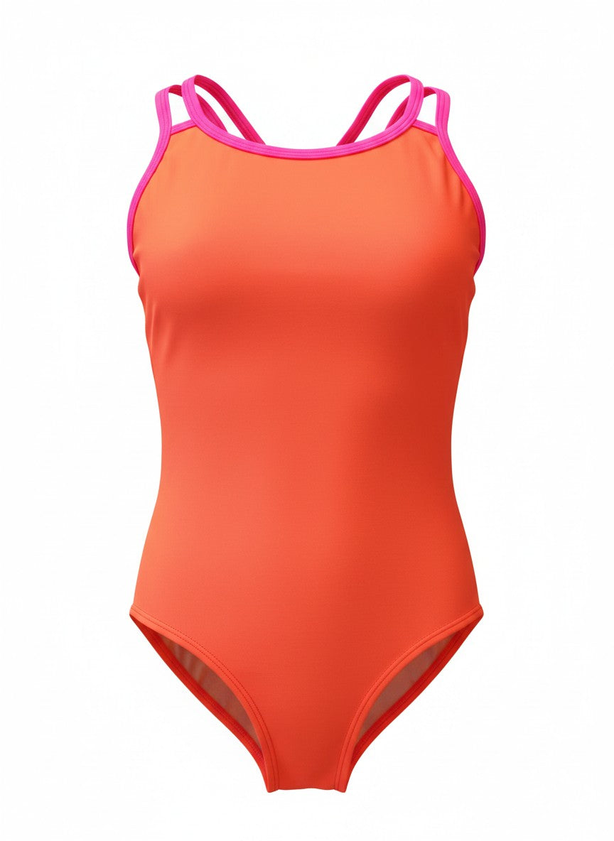 Extra Life Double Thin Strap Swimsuit in Neon Coral with Neon Pink Double Straps