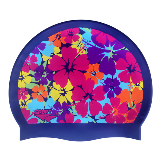 Bright Tropical Flowers on Metallic Navy Spurt Silicone Cap